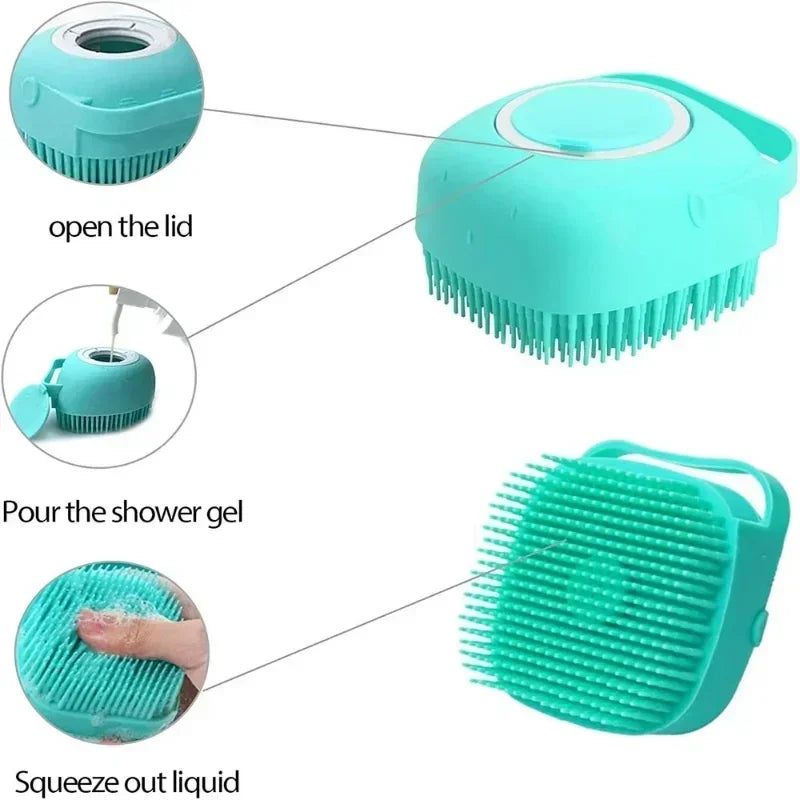Pet Shower Brush – Grooming + Soap Dispenser